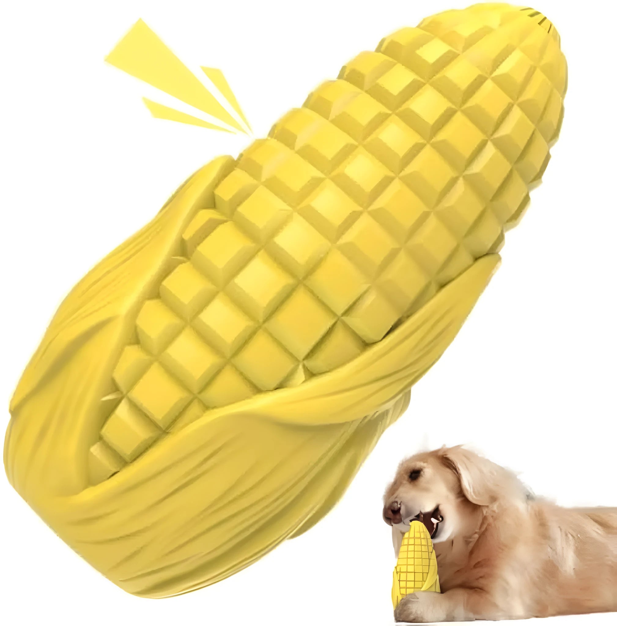 Blue and yellow corn stick shaped dog chew toy with textured surface for teeth cleaning