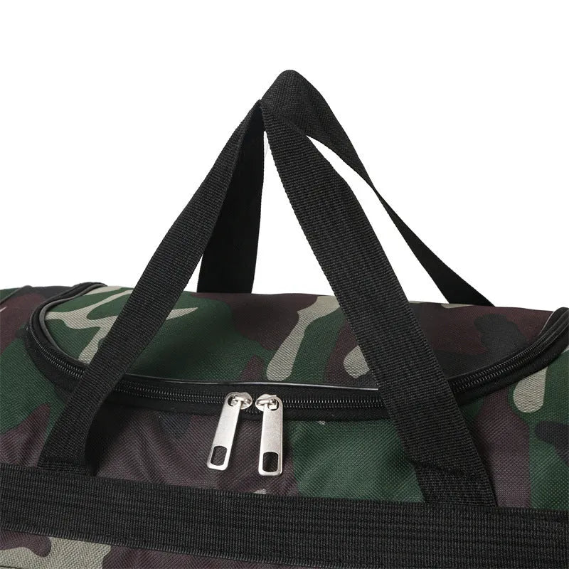 Camouflage pattern luggage bag with waterproof fabric construction and striped polyester lining interior