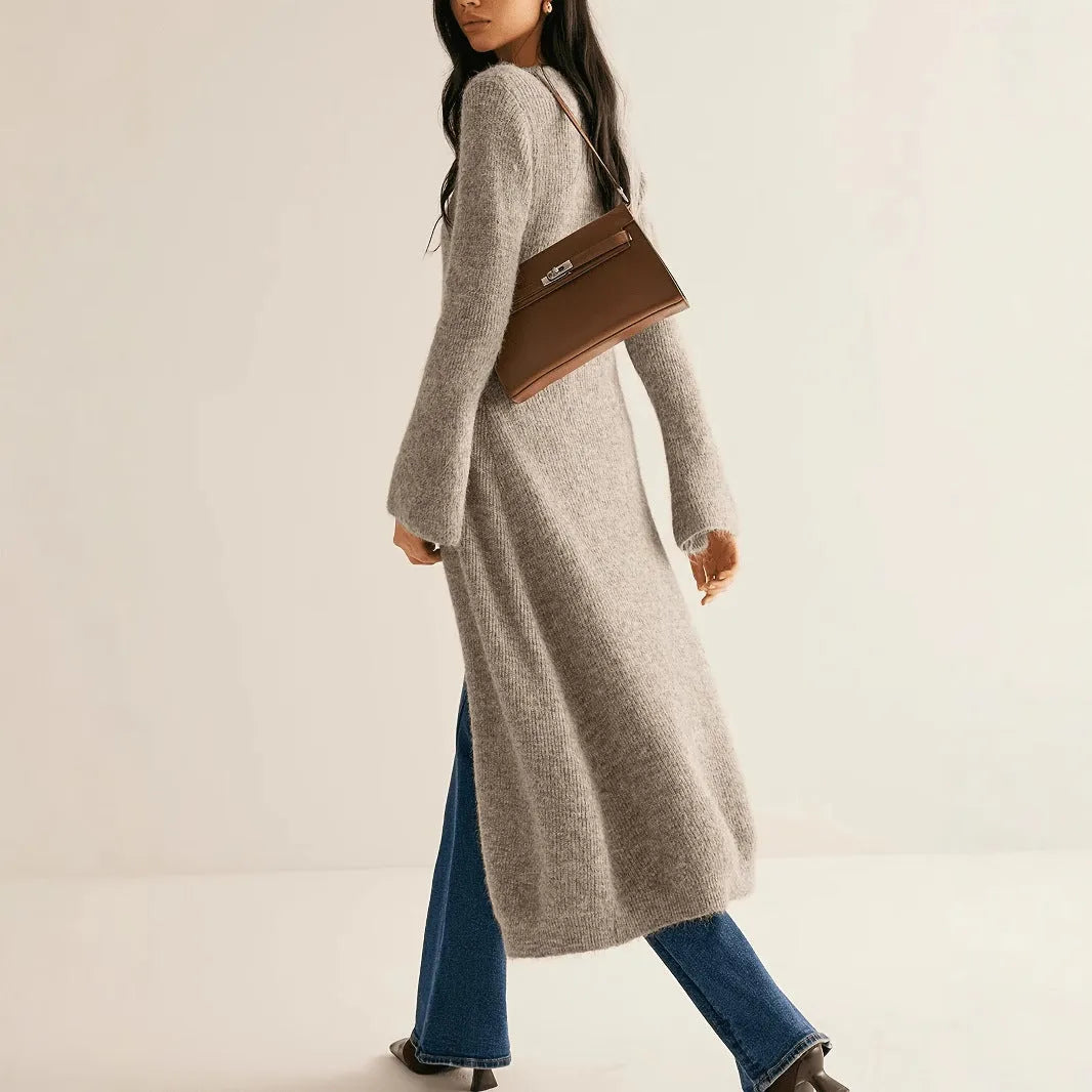 Khaki women's long sleeve cardigan coat with button front in a French retro style.