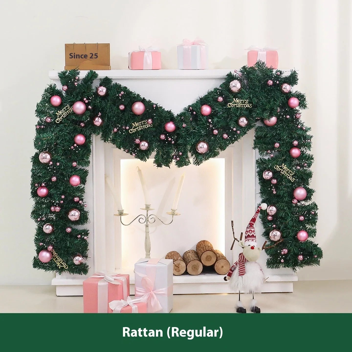 2.7 metre pink rattan Christmas vine decoration with 240 decorative heads on wrought iron wire