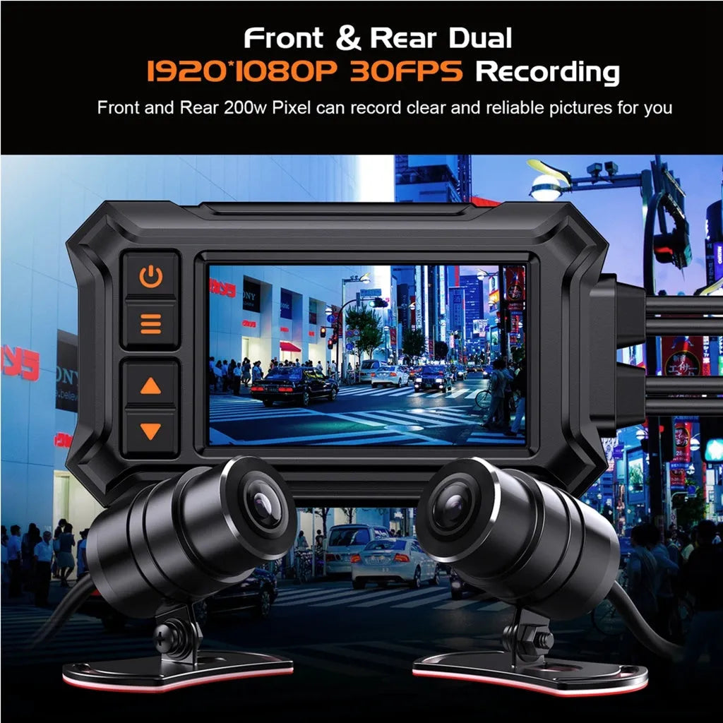 Motorcycle dual lens GPS recorder with 3 inch display showing waterproof body and mounting components