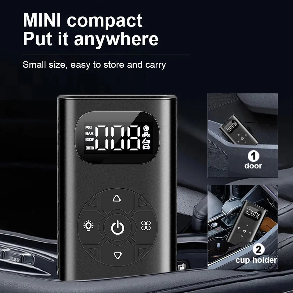 Black portable power bank tyre inflator with hose for cars and bikes