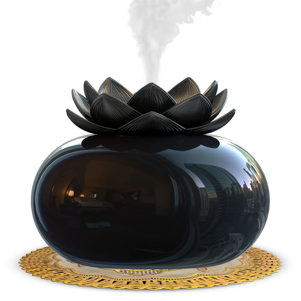 Pure black lotus-shaped aromatherapy humidifier with ceramic top and USB cable