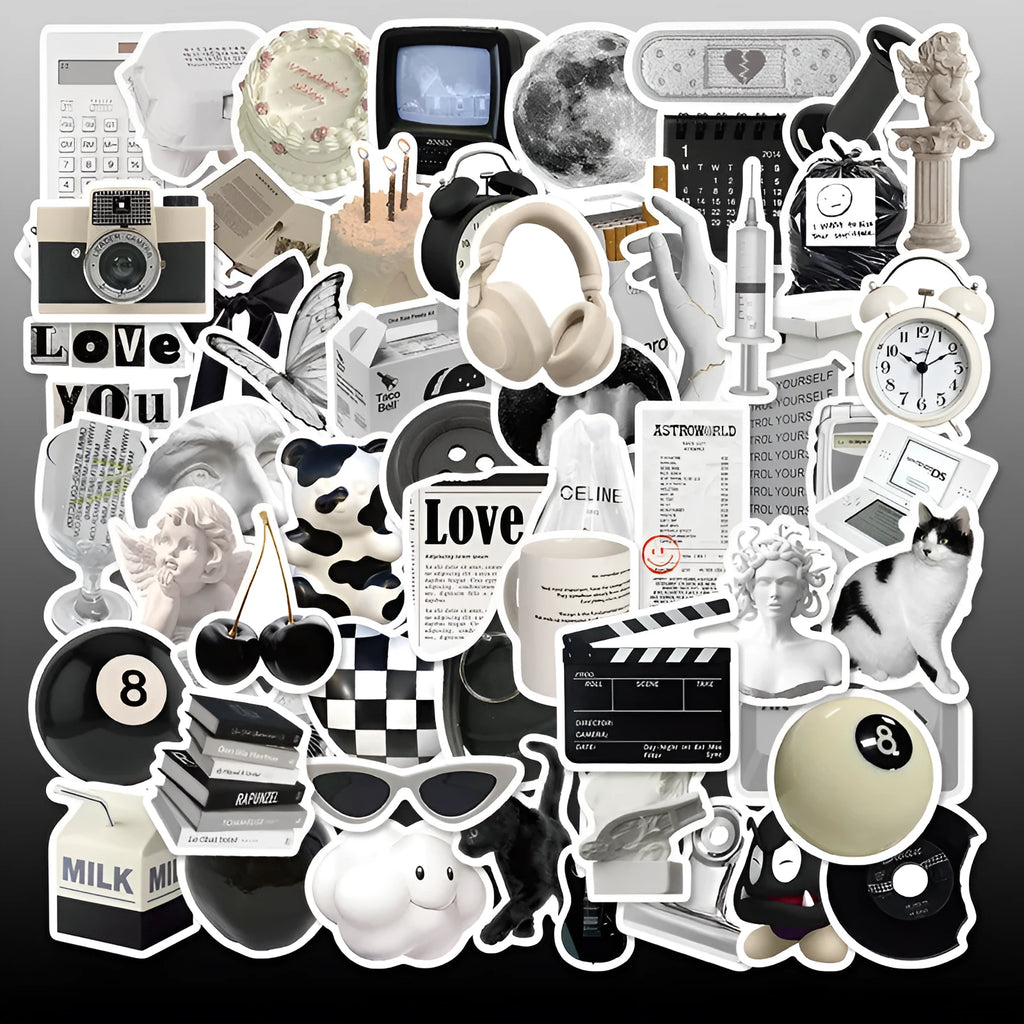 Black and white waterproof vinyl stickers pack with 61 pieces for laptop cup phone decoration