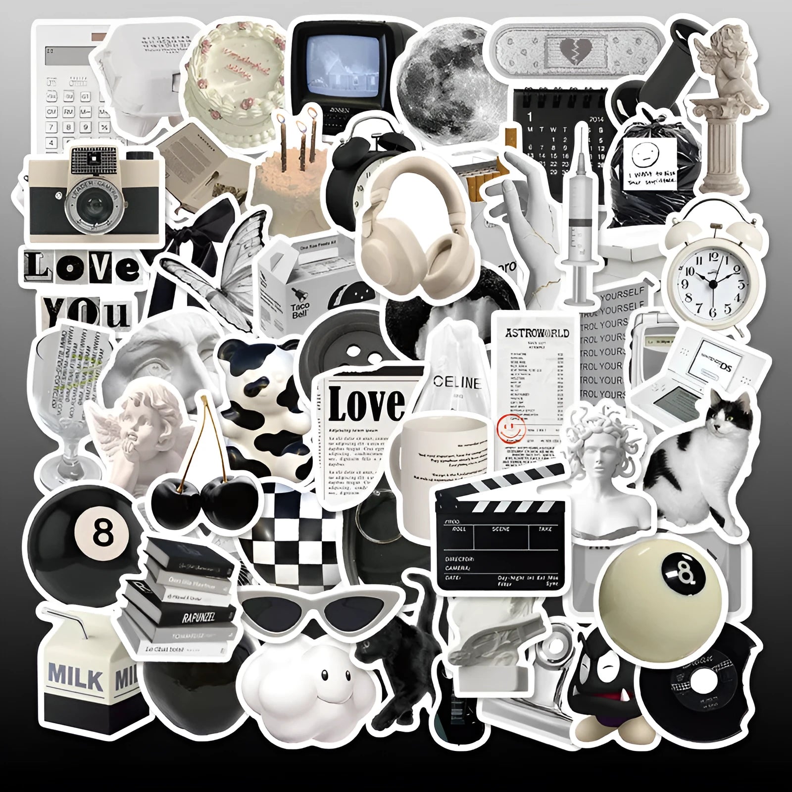 Black and white waterproof vinyl stickers pack with 61 pieces for laptop cup phone decoration