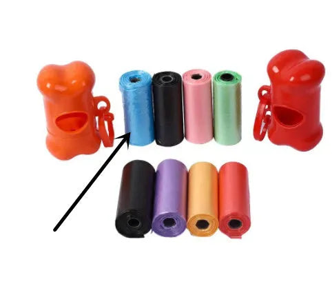 Roll of coloured dog waste bags showing black, blue, green, and pink options