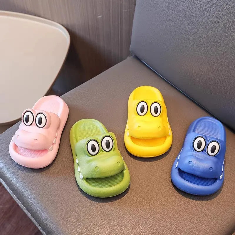 EVA parent child sandals with animal patterns in pink, green, yellow, and blue colour options