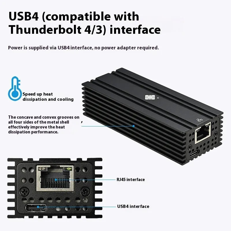 Black Leyu USB4 to RJ45 10 Gigabit Ethernet network adapter with 20cm cable.