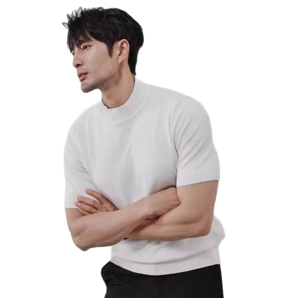 Men's ice silk half turtleneck knitwear pullover, slim fit thin solid colour top in white, black, grey, green and coffee