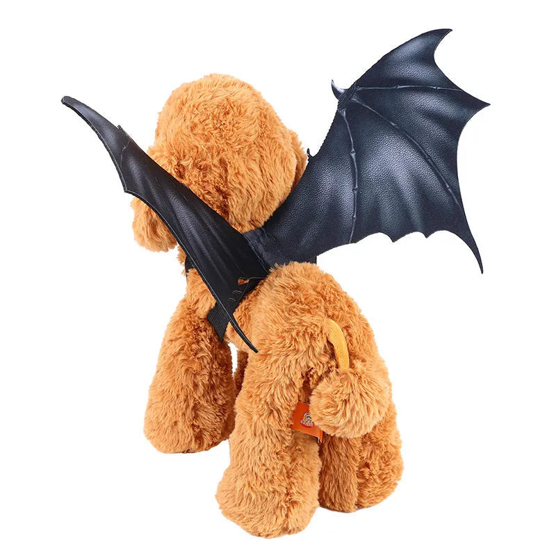 Black cloth bat wings for pets showing small, medium, and large size options