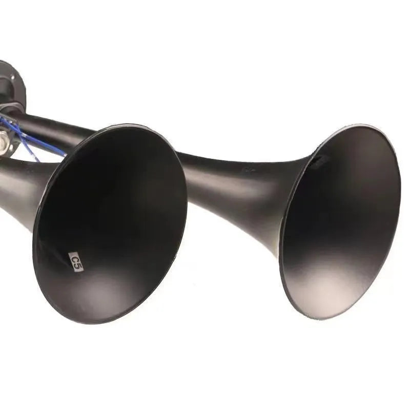 Black 12V 24V 300DB super loud dual trumpet air horn and compressor kit for vehicles.