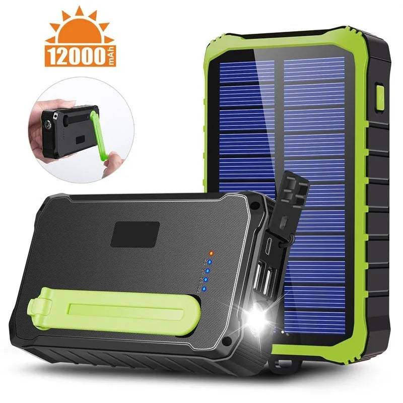 Orange and green solar hand power bank with 12000mAh capacity showing dual USB ports and hand crank
