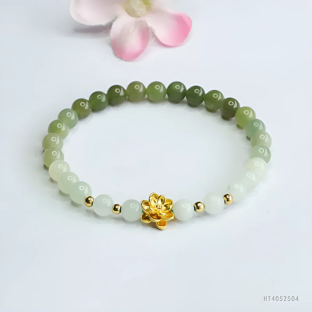 Hand-woven ancient style bracelet with Hetian jade gradient colour and 6mm beads on 17cm length