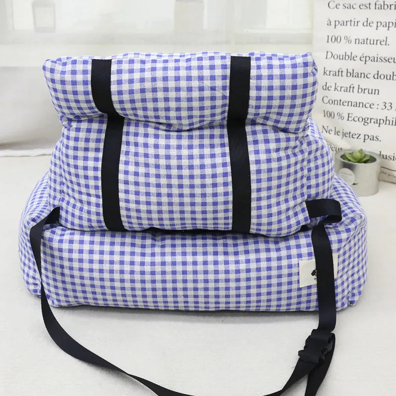 Grey and blue plaid stain-resistant fabric dog travel nests for car use, shown in small and large sizes.