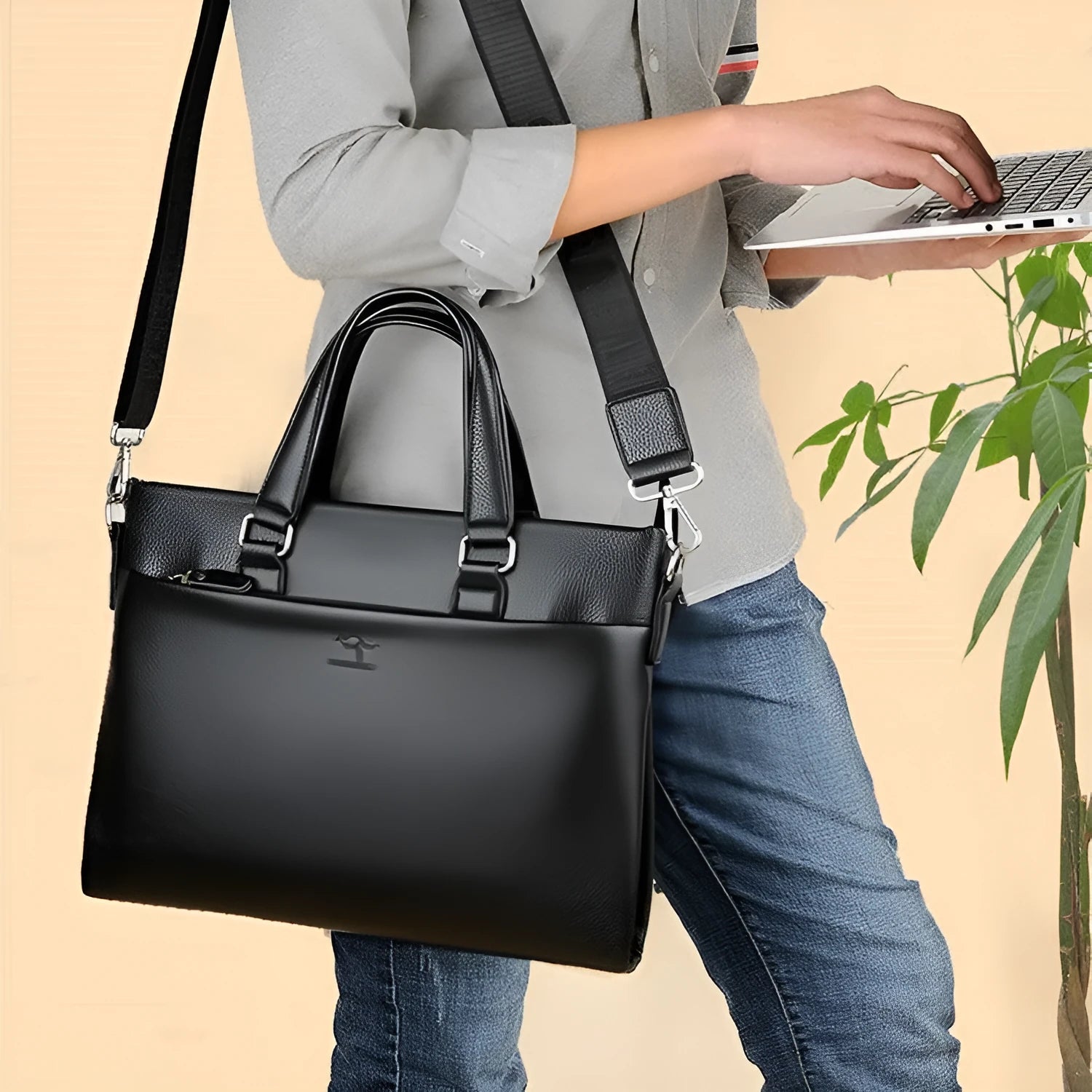 Black and brown PU leather men's messenger bag with shoulder strap showing splicing detail