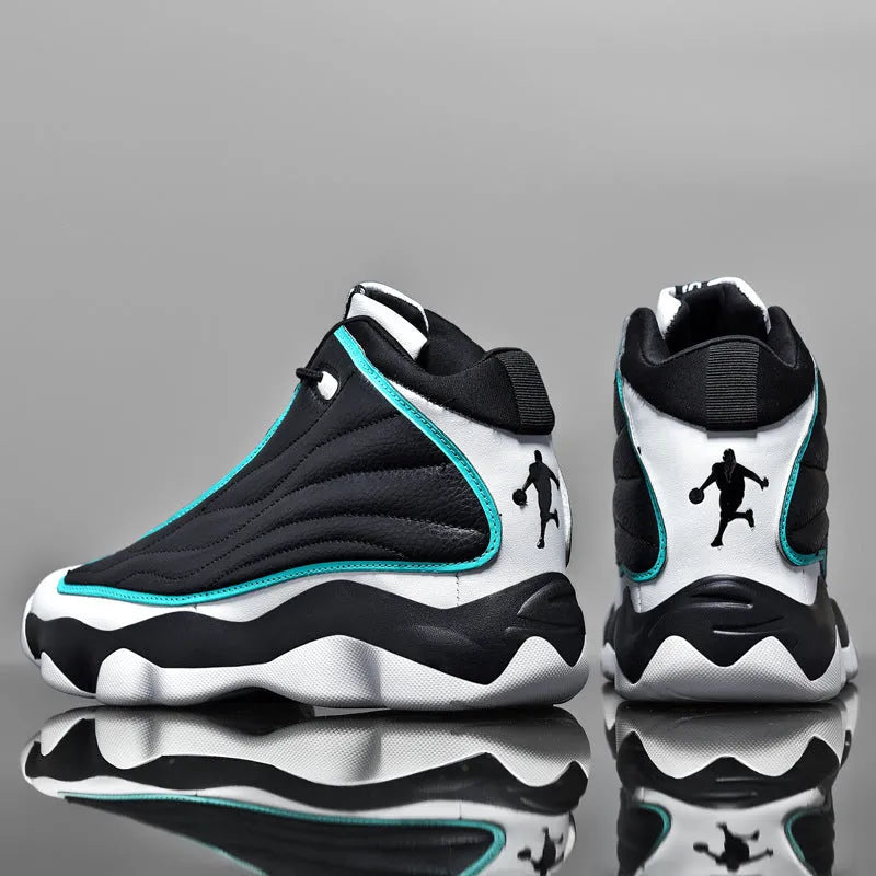 Men's high-top basketball shoe in black and light blue colour with mesh upper and rubber sole.