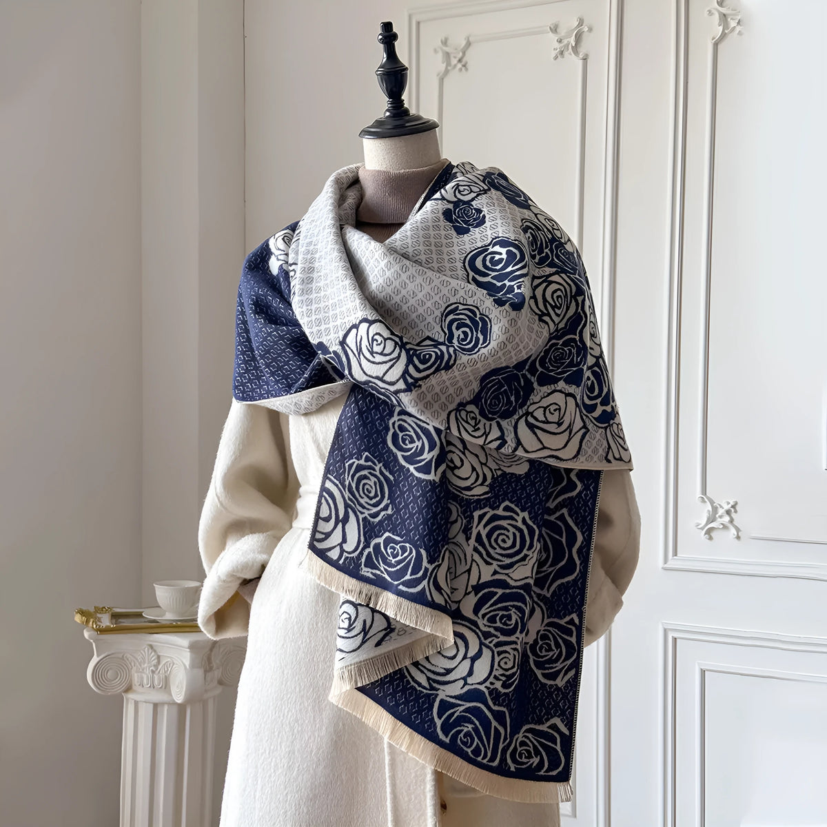 Imitation cashmere thick warm scarf in grey black blue or khaki with tassels 185x65cm