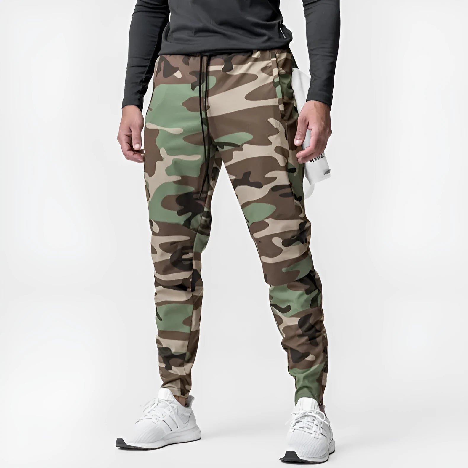 Men's grey quick-dry running pants with ankle-tied cuffs for fitness workouts