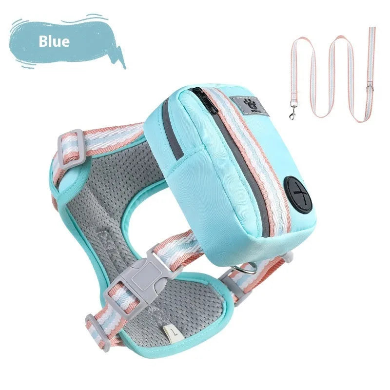 Explosion-proof anti-strangulation dog harness in Oxford cloth with attached holding rope.