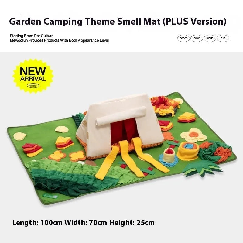 Dog sniffing mat with printed Garden Camping theme pattern, a plastic fabric puzzle toy for hiding treats.