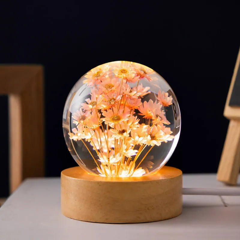 3D dandelion inside crystal ball night light on beech wood stand, USB cable attached