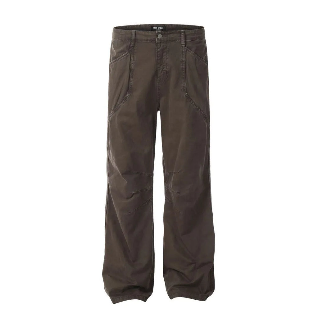 Men's brown loose fit straight leg cotton trousers with high waist design