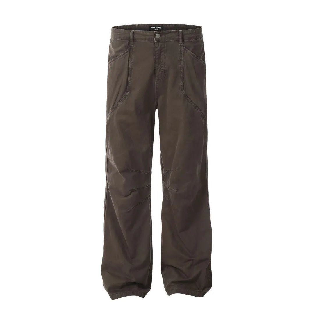 Men's brown loose fit straight leg cotton trousers with high waist design