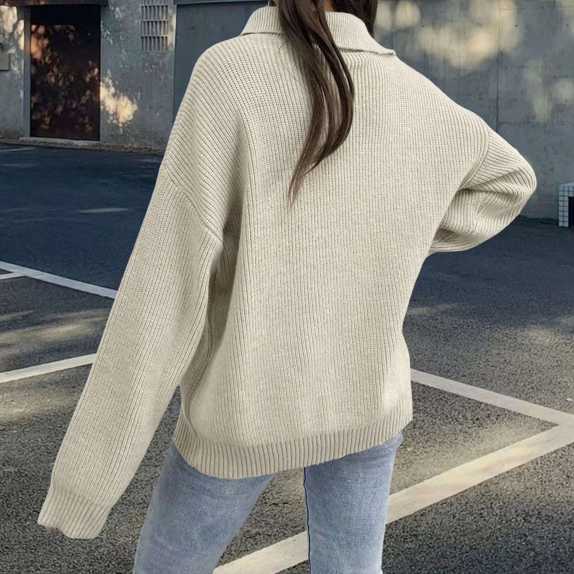 Women's retro alpaca wool pullover sweater with oblique zipper and turtleneck collar in street fashion style
