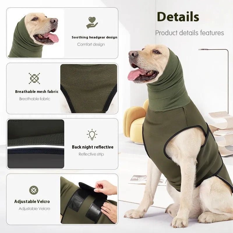 Army green polyester dog calming jacket vest for anxiety on a medium-sized dog.