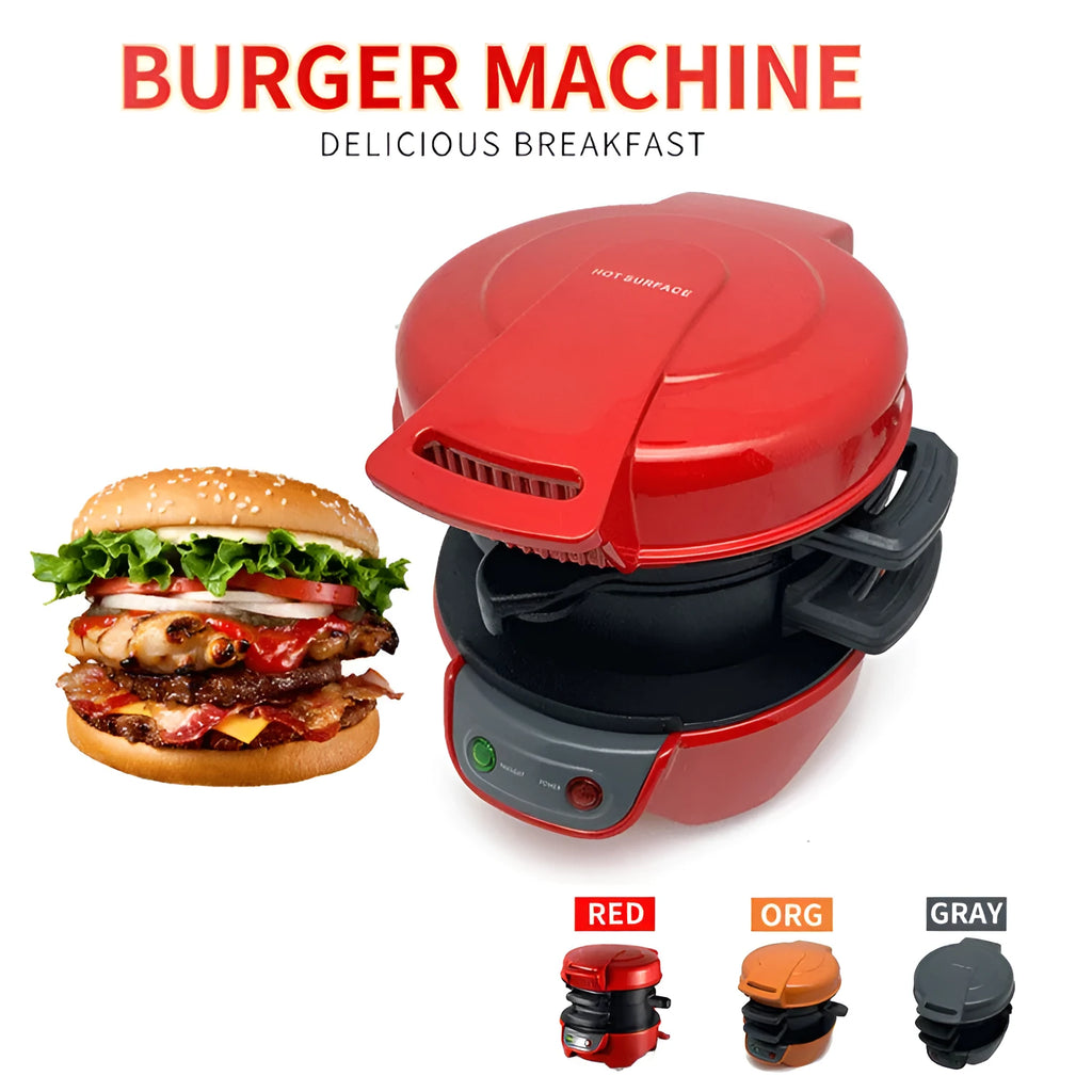 Bright red multifunction breakfast sandwich maker with egg cooker ring and two baking trays