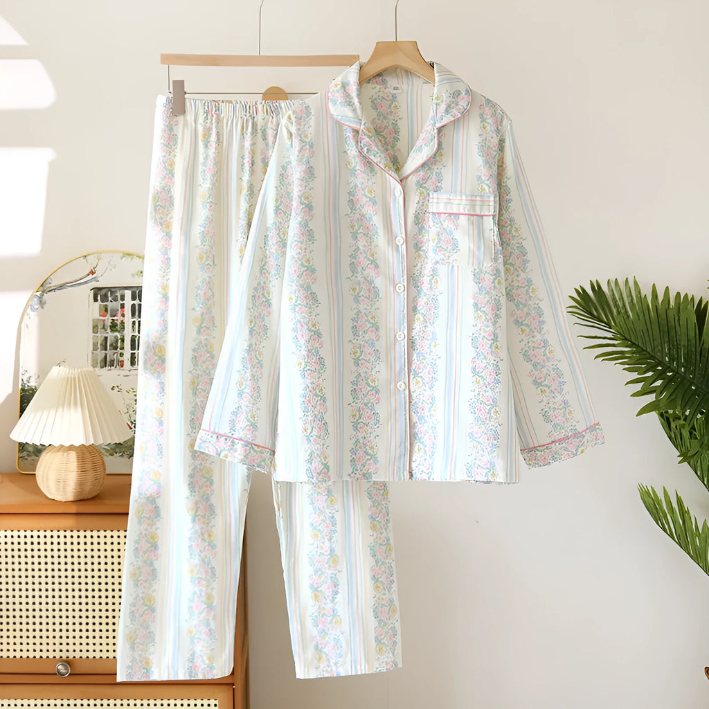 Ladies' cotton gauze homewear two-piece set in colour stripes pattern with long sleeves and trousers
