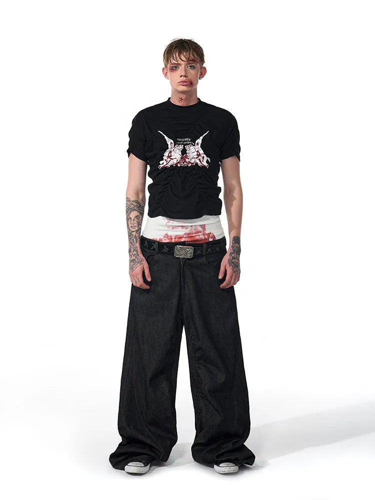 Black men's slim fit short sleeve printed shirt with round neck collar on a mannequin