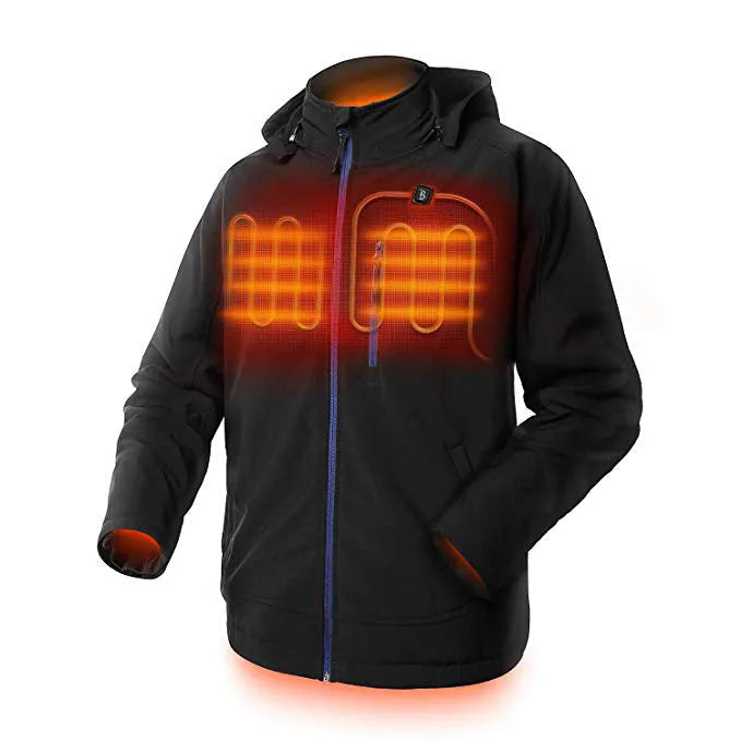 Black USB-heated men's winter coat with long sleeves, straight hem, and zipper pockets.