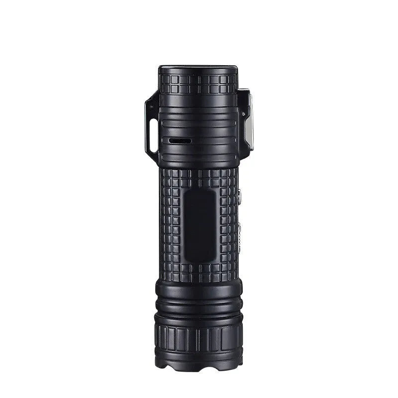 TH727 multifunction metal flashlight lighter in camouflage colour showing LED light, plasma arc, and knife.