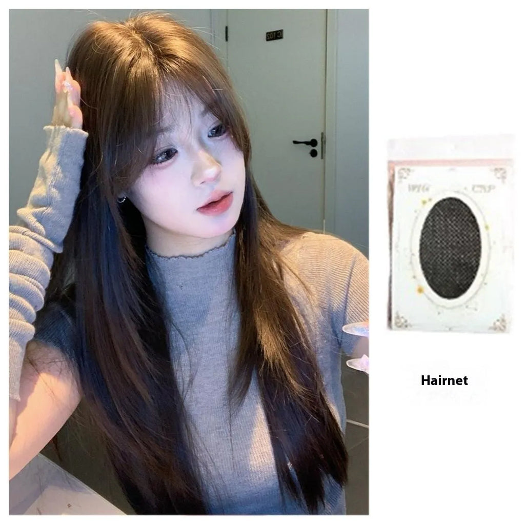 Layered long straight cold brown synthetic full-head wig with lace-style hair net