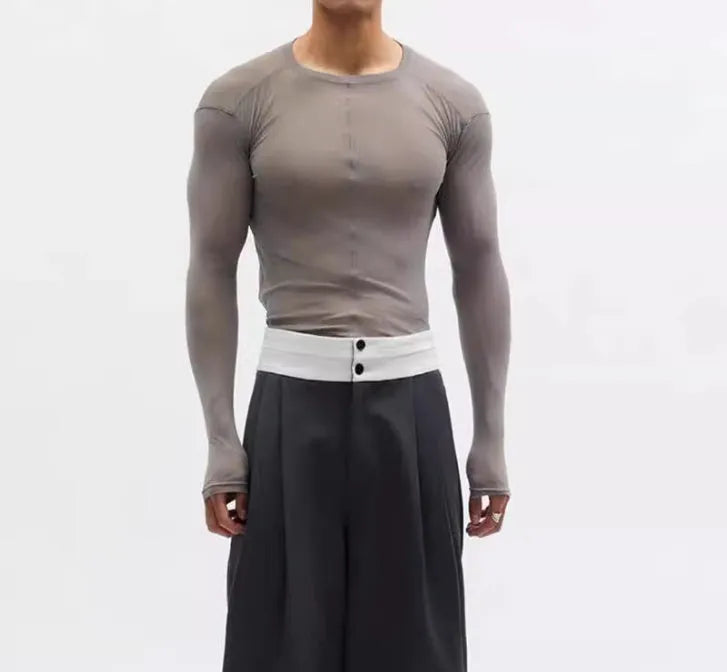 Women's black slim-fit mesh see-through long sleeve PU pullover on a hanger.