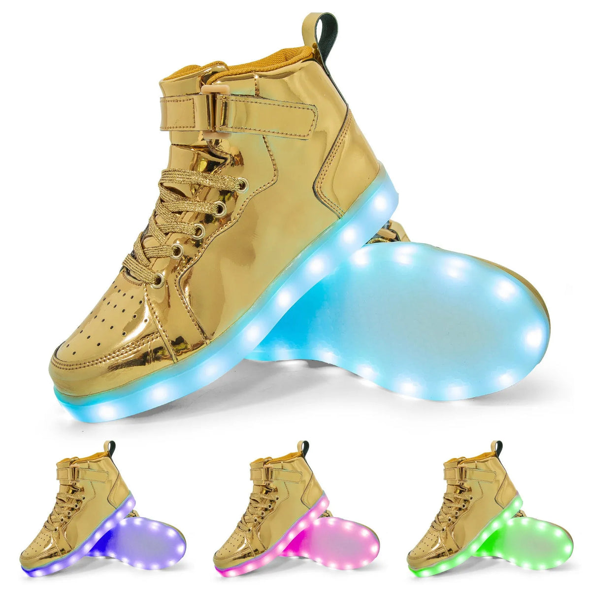 Black LED light-up high-top shoes with Velcro strap and glowing sole.