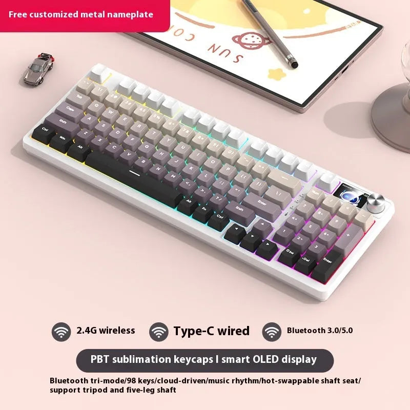 98 key wireless Bluetooth mechanical keyboard kit with metal knob on desk