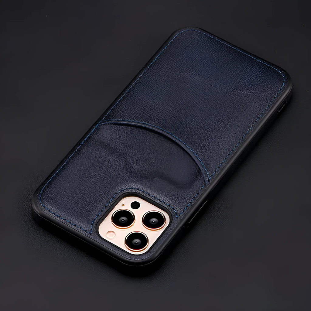 Dark blue PU leather protective case for iPhone models, showing front and back view.
