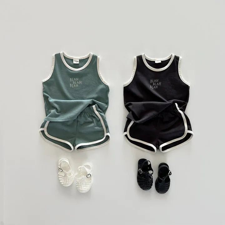 Children's cotton sports vest and shorts set in green or brown, two-piece outfit, sizes 80cm to 130cm.