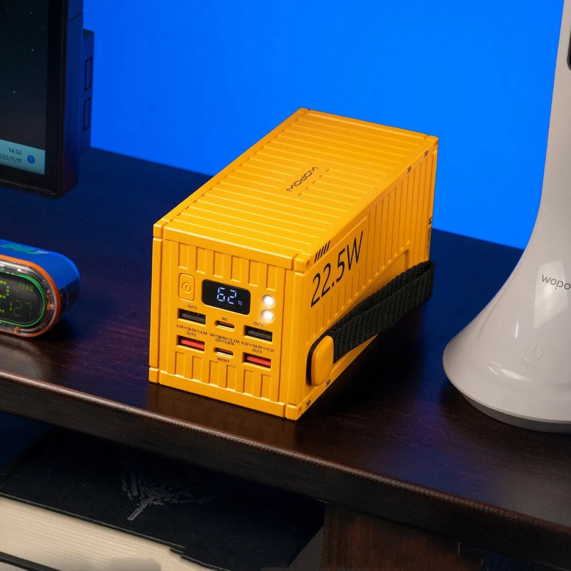 Yellow, black, and silver 50000mAh outdoor power bank with digital display and five output ports