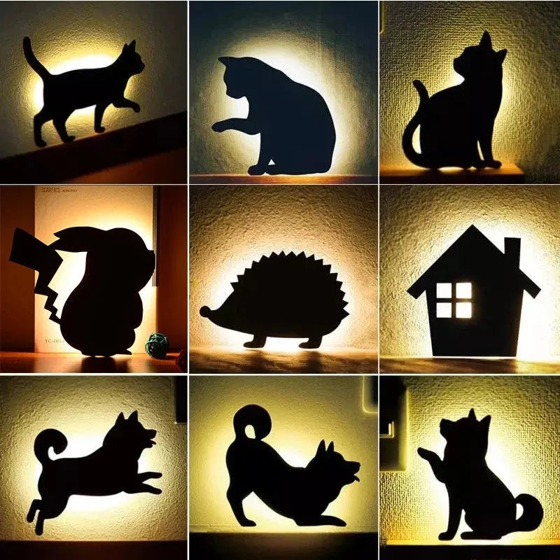 Black LED cat night light with acrylic shade and voice control, warm yellow light for bedroom or corridor