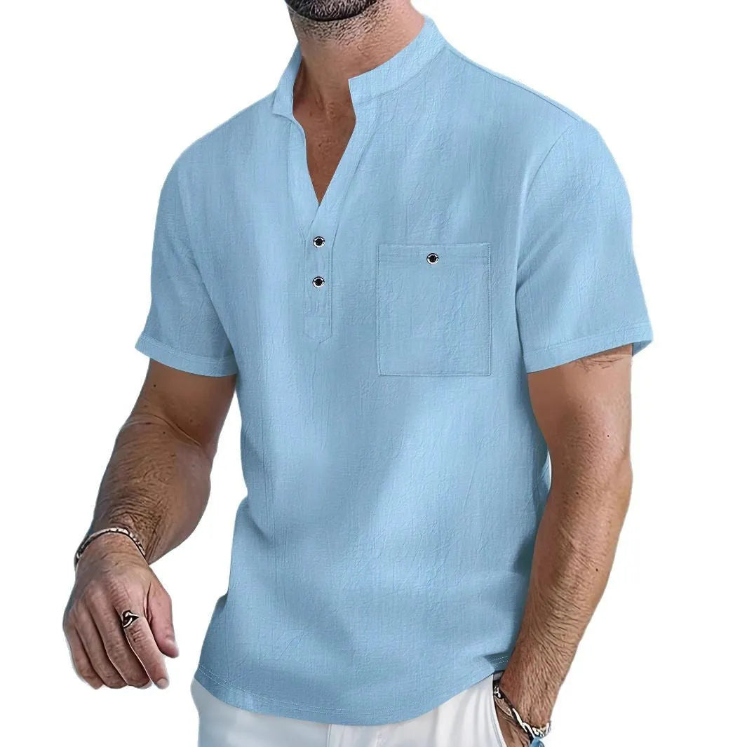 Men's loose fit linen blend stand collar t-shirt in light blue on a hanger.