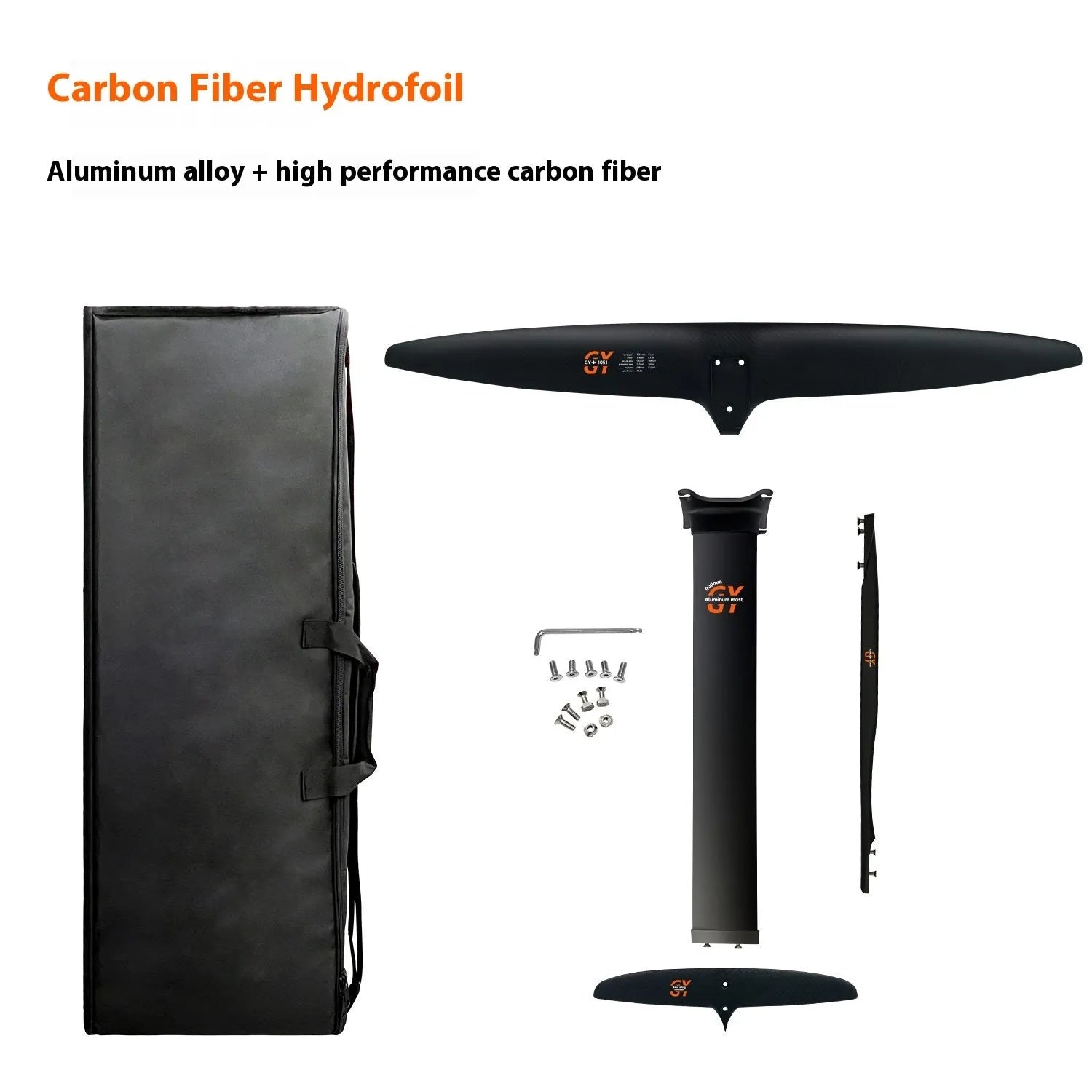 Black carbon fibre surfing hydrofoil with 1051mm front wing and aluminium alloy construction