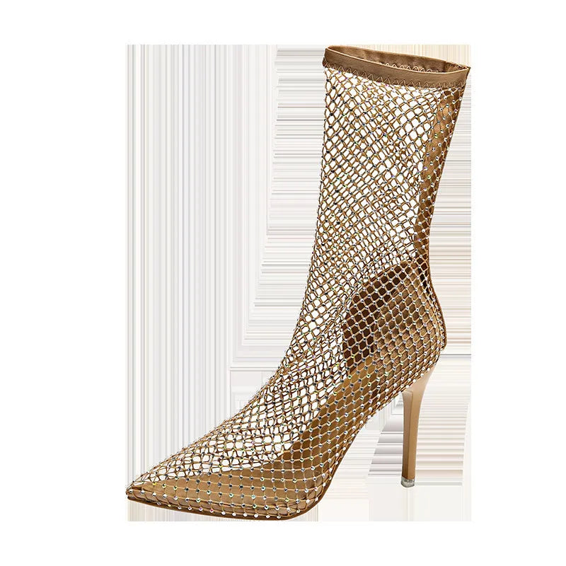 Gold women's high heel sandals with mesh upper and pointed stiletto design