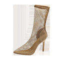 Gold women's high heel sandals with mesh upper and pointed stiletto design