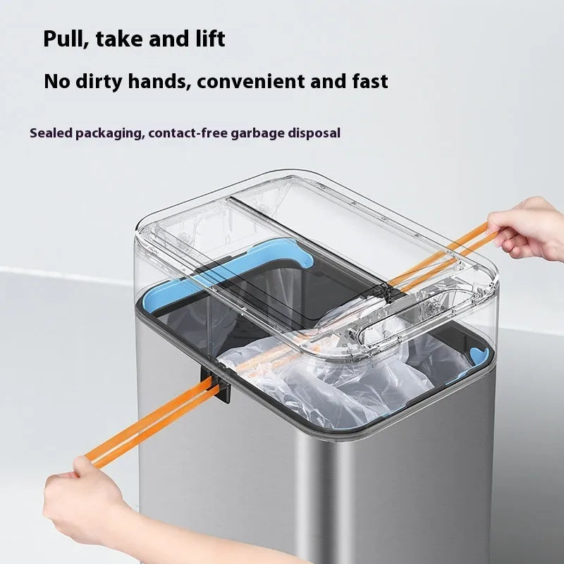 Square stainless steel inductive smart trash can with sensor lid.