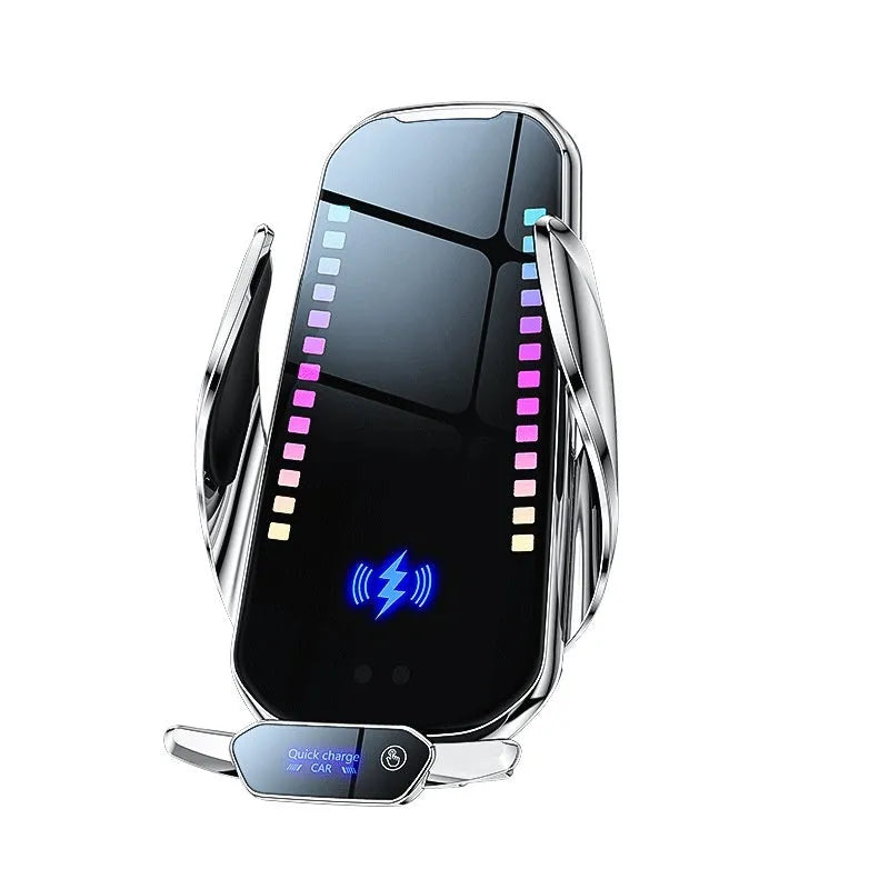 Car mobile phone holder with wireless charging and electric clamping in silver finish