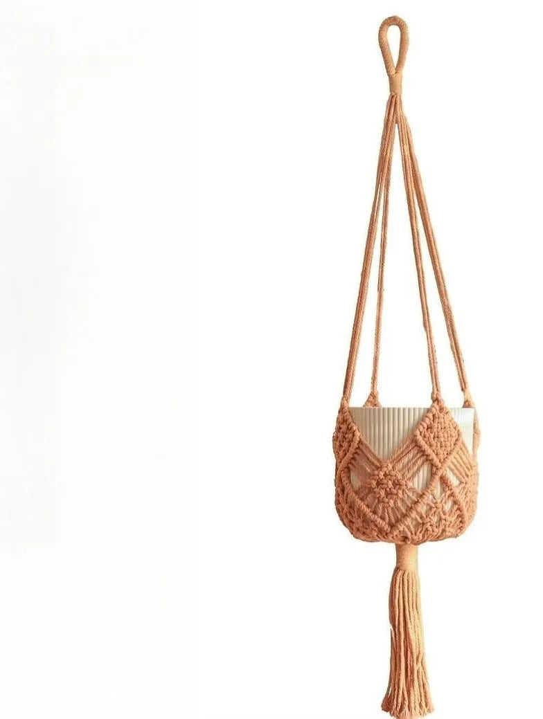 Hand-woven polyester cotton flower pot in brown colour displaying textured weave pattern