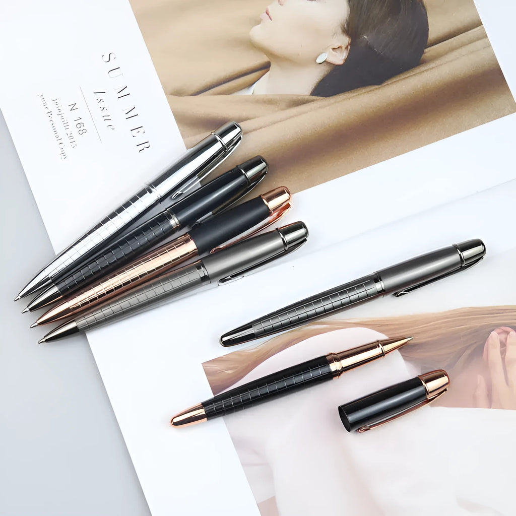 Gun gray metal roller pen showing 13.5cm length with black or blue ink refill options